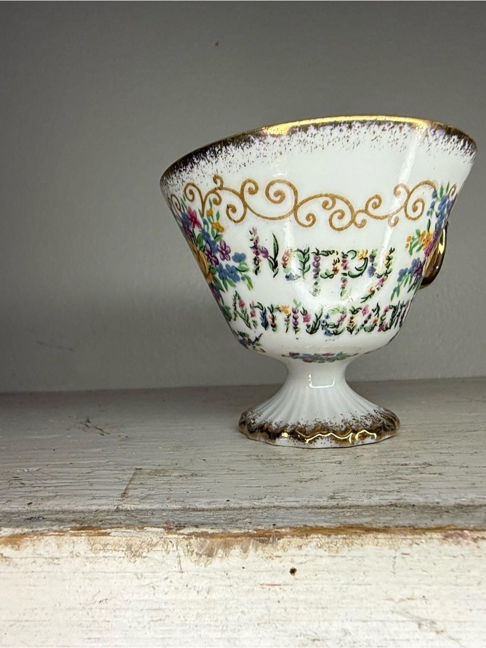 Vintage Enesco Iridescent Happy Anniversary Pedestal Cup Gold Trim 1950s Japan